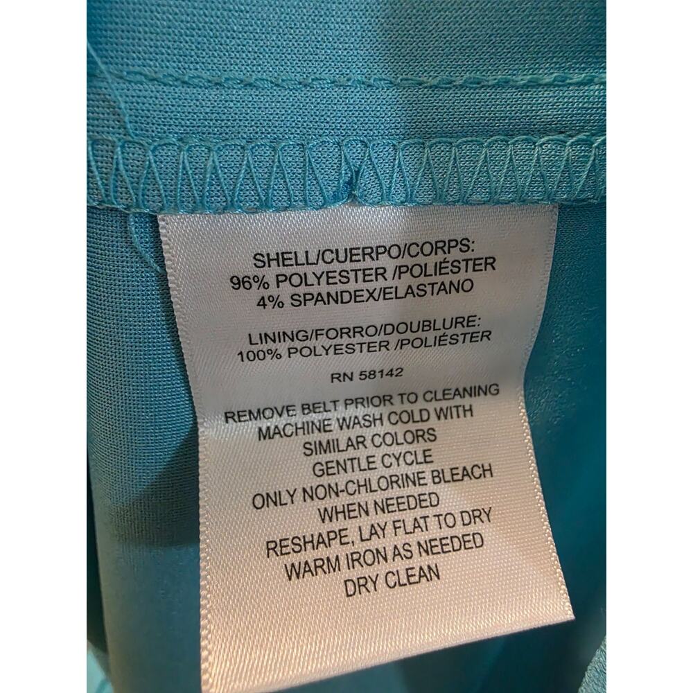 London Times Dress Size 16 Blue Atoll Faux Wrap Belted Puff Sleeve Knee Length - Picture 7 of 9